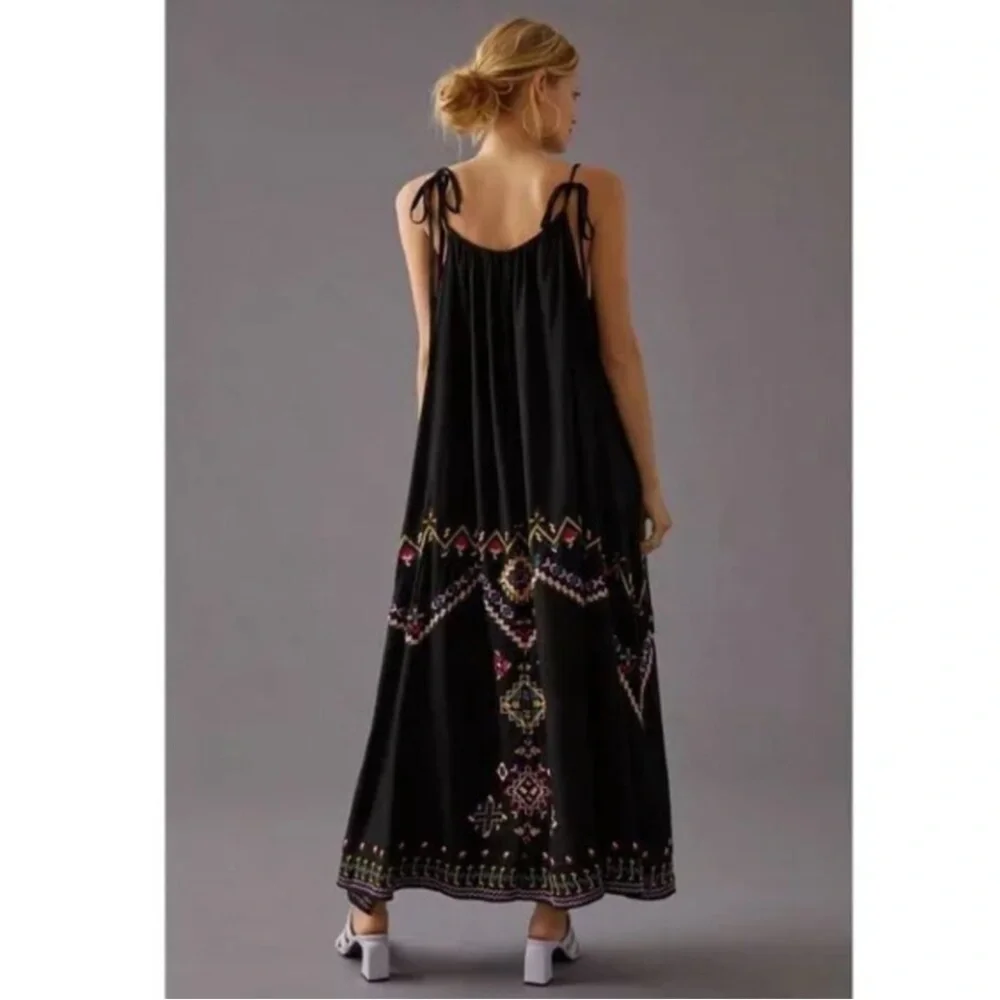 Anthropologie Embroidered Tie Strap Maxi Dress w/ Pockets Size: S - Picture 2 of 12